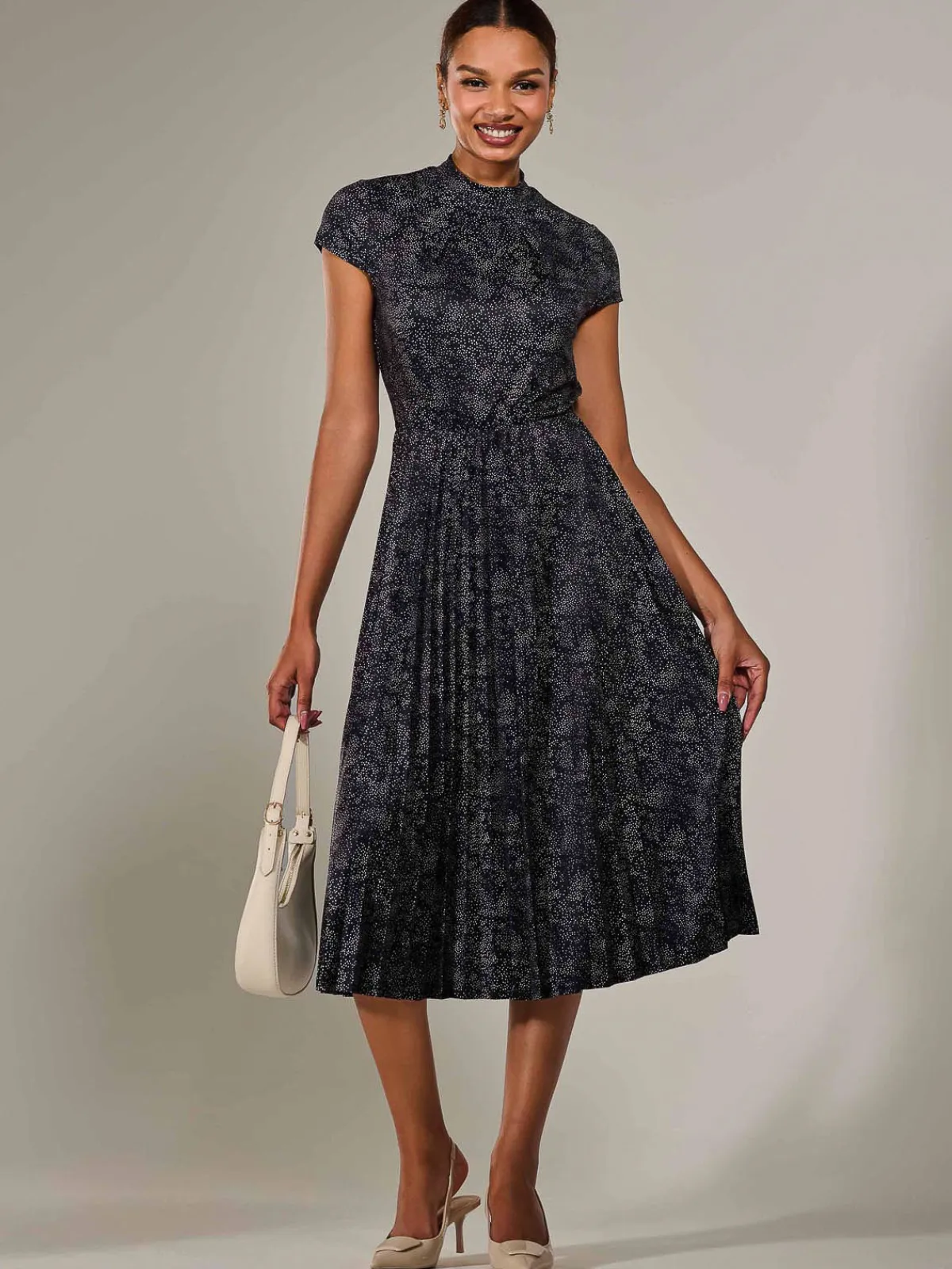 Jolie Moi Occasion Dresses|Weekend Casuals-Jersey Capped Sleeve Pleated Midi Dress, Black Polka