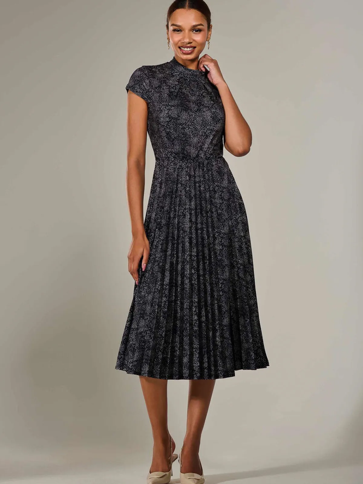 Jolie Moi Occasion Dresses|Weekend Casuals-Jersey Capped Sleeve Pleated Midi Dress, Black Polka