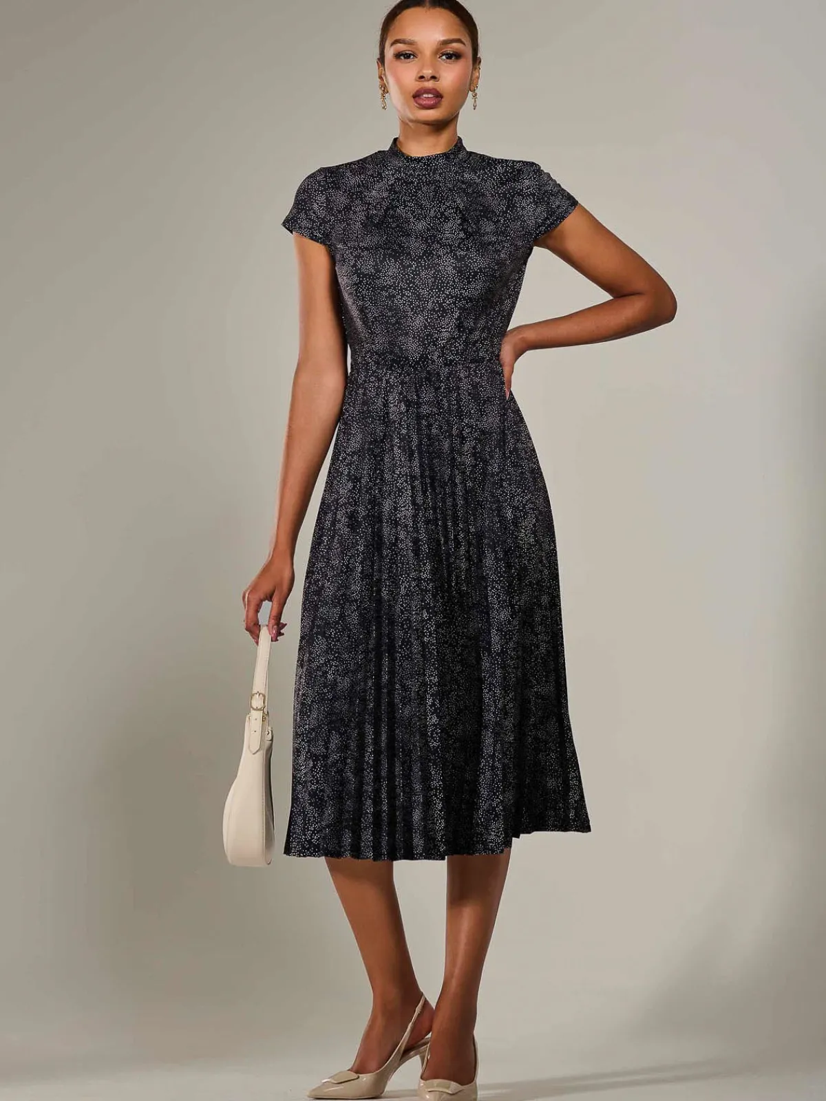 Jolie Moi Occasion Dresses|Weekend Casuals-Jersey Capped Sleeve Pleated Midi Dress, Black Polka