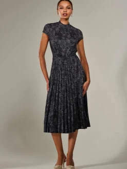 Jolie Moi Occasion Dresses|Weekend Casuals-Jersey Capped Sleeve Pleated Midi Dress, Black Polka