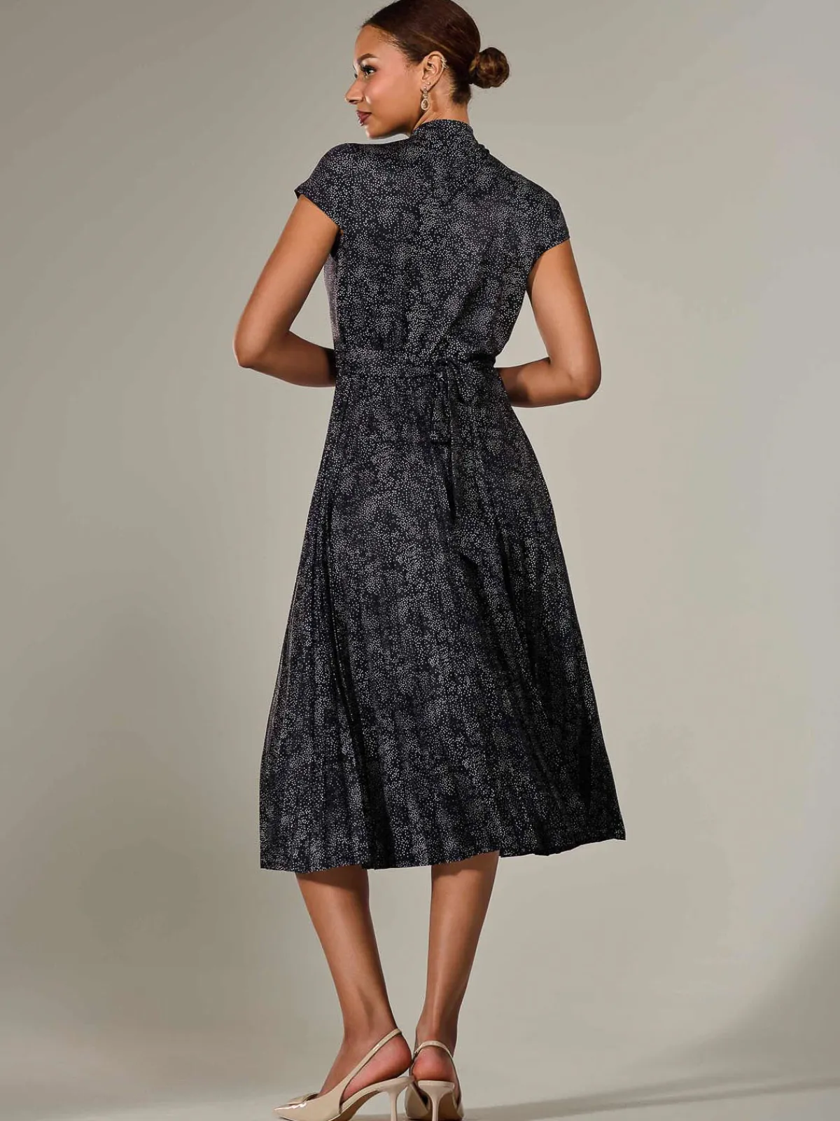 Jolie Moi Occasion Dresses|Weekend Casuals-Jersey Capped Sleeve Pleated Midi Dress, Black Polka