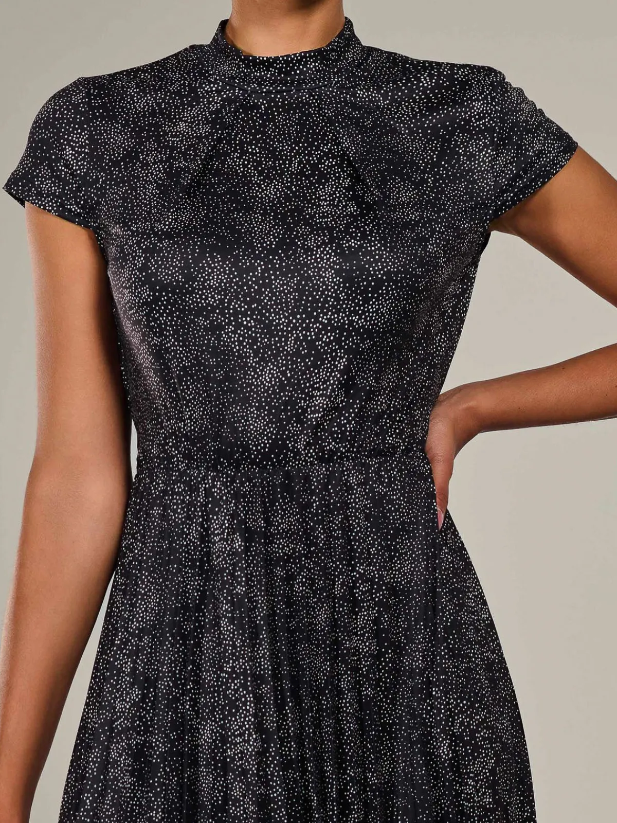 Jolie Moi Occasion Dresses|Weekend Casuals-Jersey Capped Sleeve Pleated Midi Dress, Black Polka
