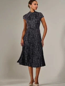 Jolie Moi Occasion Dresses|Weekend Casuals-Jersey Capped Sleeve Pleated Midi Dress, Black Polka