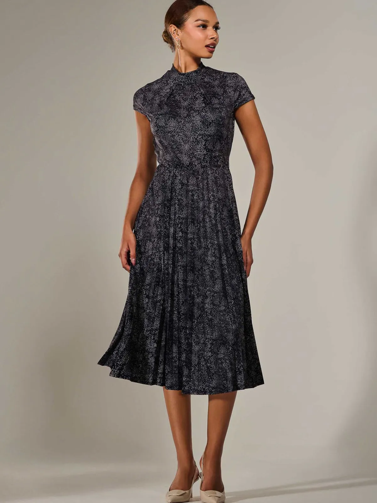 Jolie Moi Occasion Dresses|Weekend Casuals-Jersey Capped Sleeve Pleated Midi Dress, Black Polka
