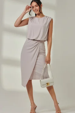 Jolie Moi Occasion Dresses|Sleeveless Dresses- Jersey Draped Wrap Skirt Midi Dress Stone