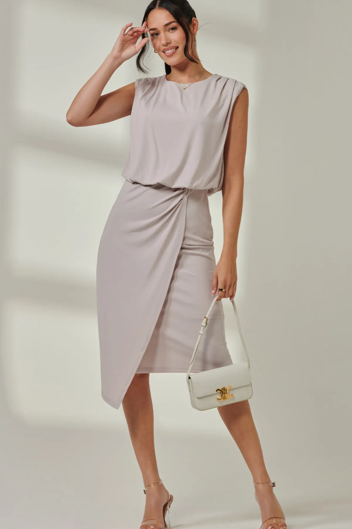 Jolie Moi Occasion Dresses|Sleeveless Dresses- Jersey Draped Wrap Skirt Midi Dress Stone
