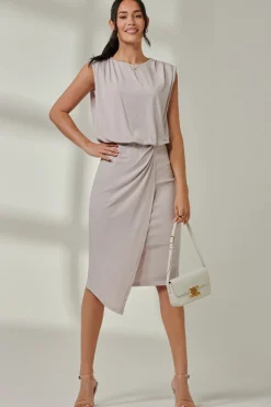 Jolie Moi Occasion Dresses|Sleeveless Dresses- Jersey Draped Wrap Skirt Midi Dress Stone