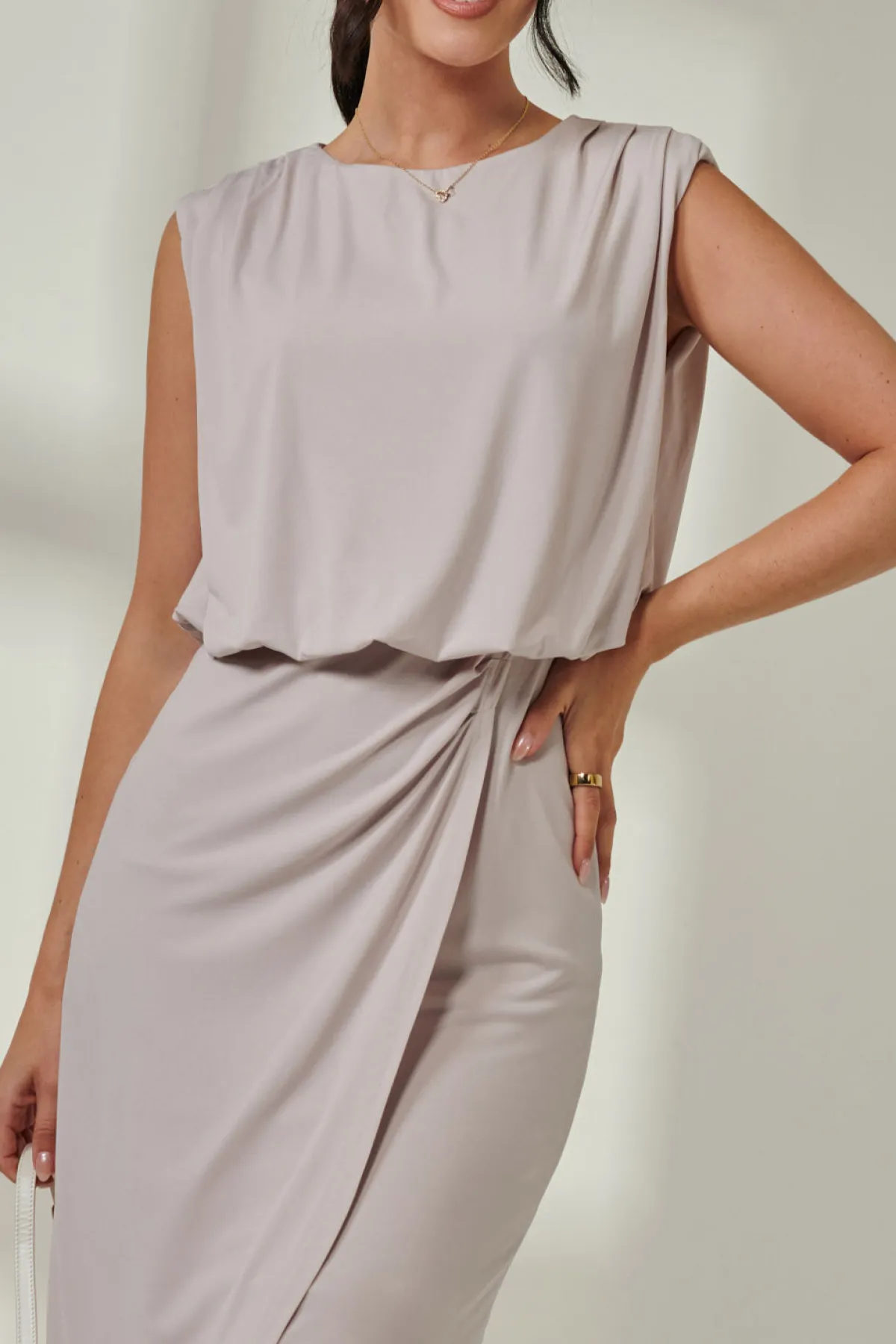 Jolie Moi Occasion Dresses|Sleeveless Dresses- Jersey Draped Wrap Skirt Midi Dress Stone