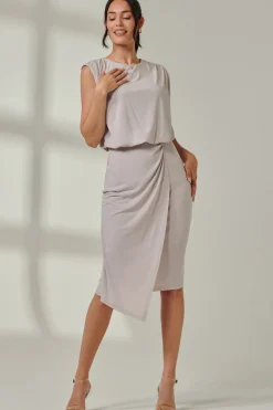 Jolie Moi Occasion Dresses|Sleeveless Dresses- Jersey Draped Wrap Skirt Midi Dress Stone