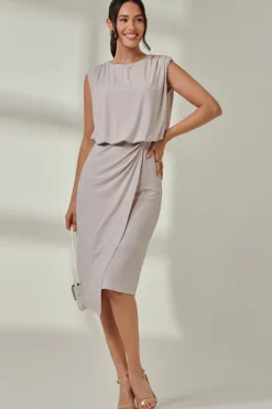 Jolie Moi Occasion Dresses|Sleeveless Dresses- Jersey Draped Wrap Skirt Midi Dress Stone