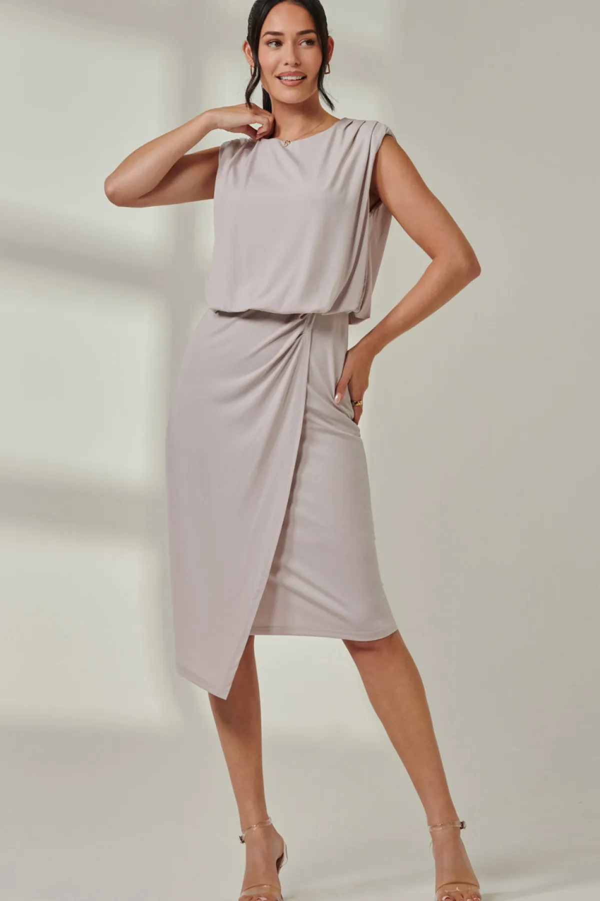Jolie Moi Occasion Dresses|Sleeveless Dresses- Jersey Draped Wrap Skirt Midi Dress Stone