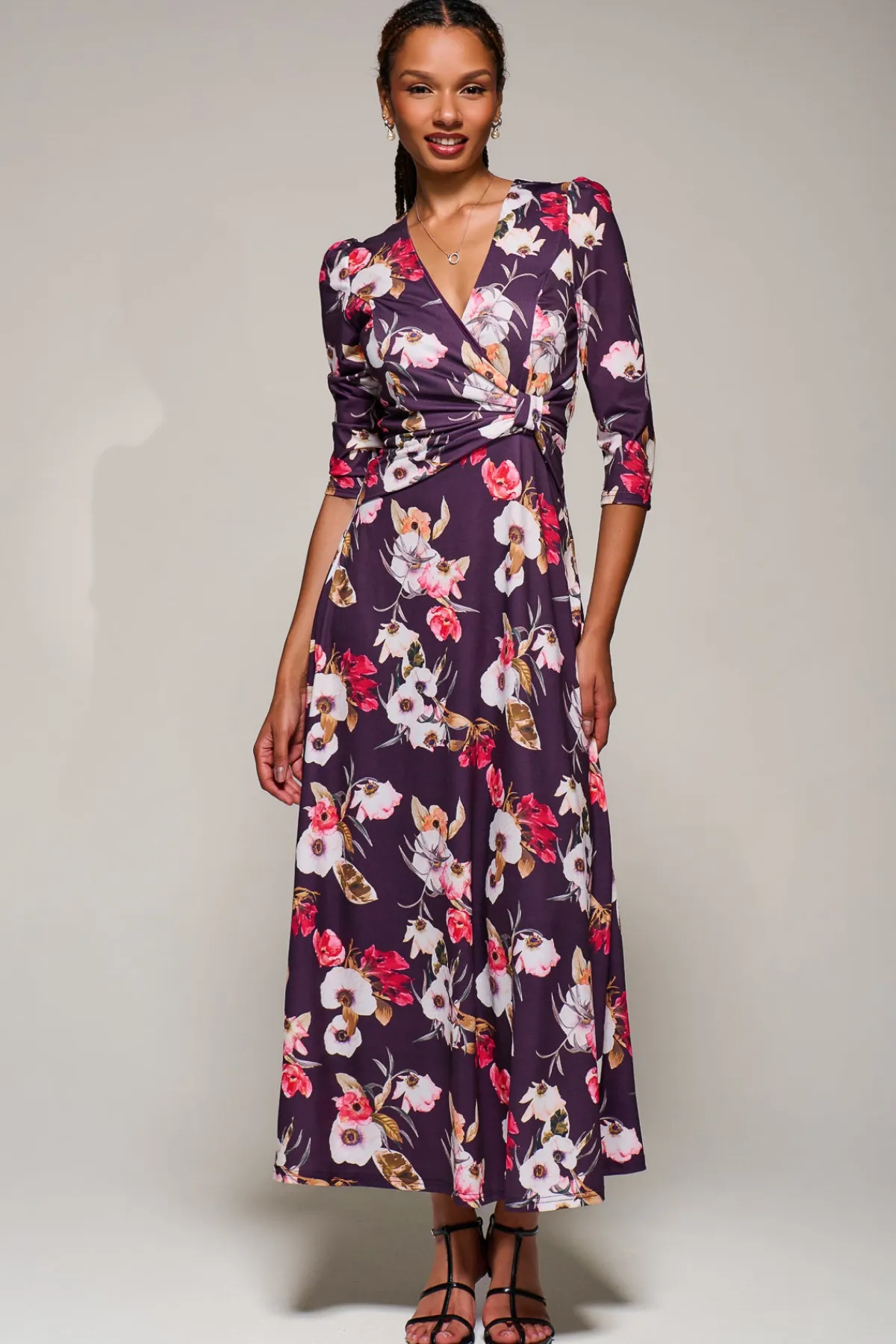 Jolie Moi Occasion Dresses|Floral Dresses-Jersey Fit & Flare Maxi Dress, Purple Floral