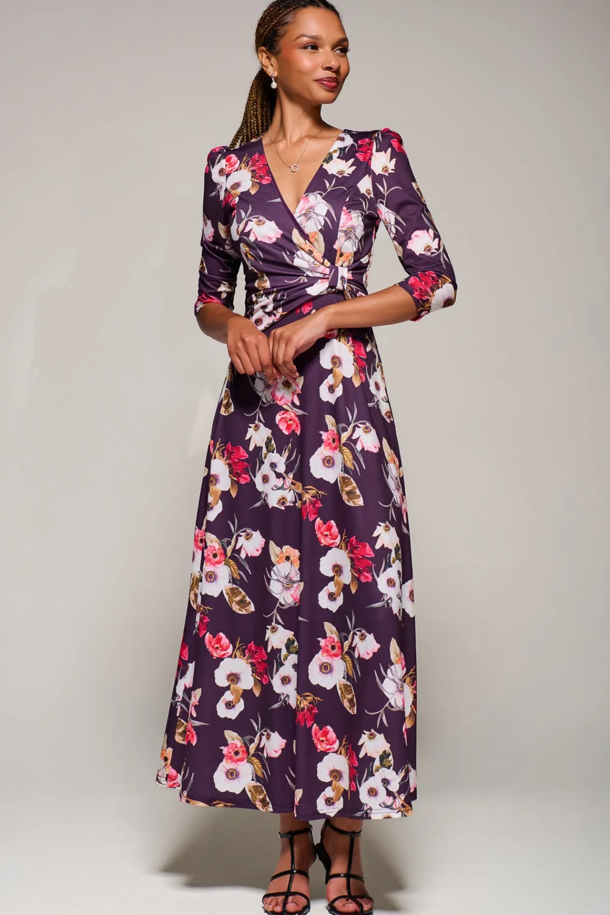 Jolie Moi Occasion Dresses|Floral Dresses-Jersey Fit & Flare Maxi Dress, Purple Floral