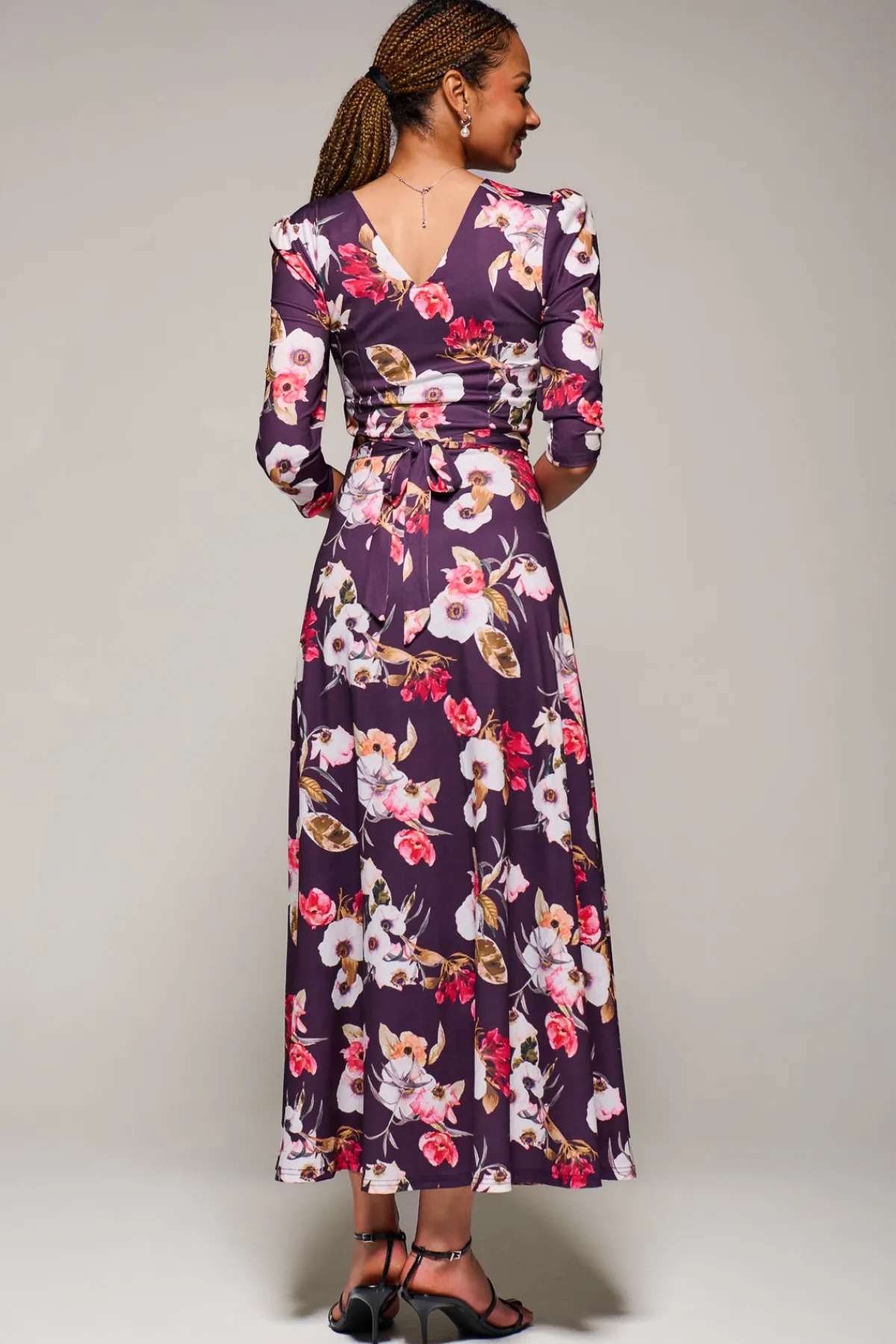 Jolie Moi Occasion Dresses|Floral Dresses-Jersey Fit & Flare Maxi Dress, Purple Floral