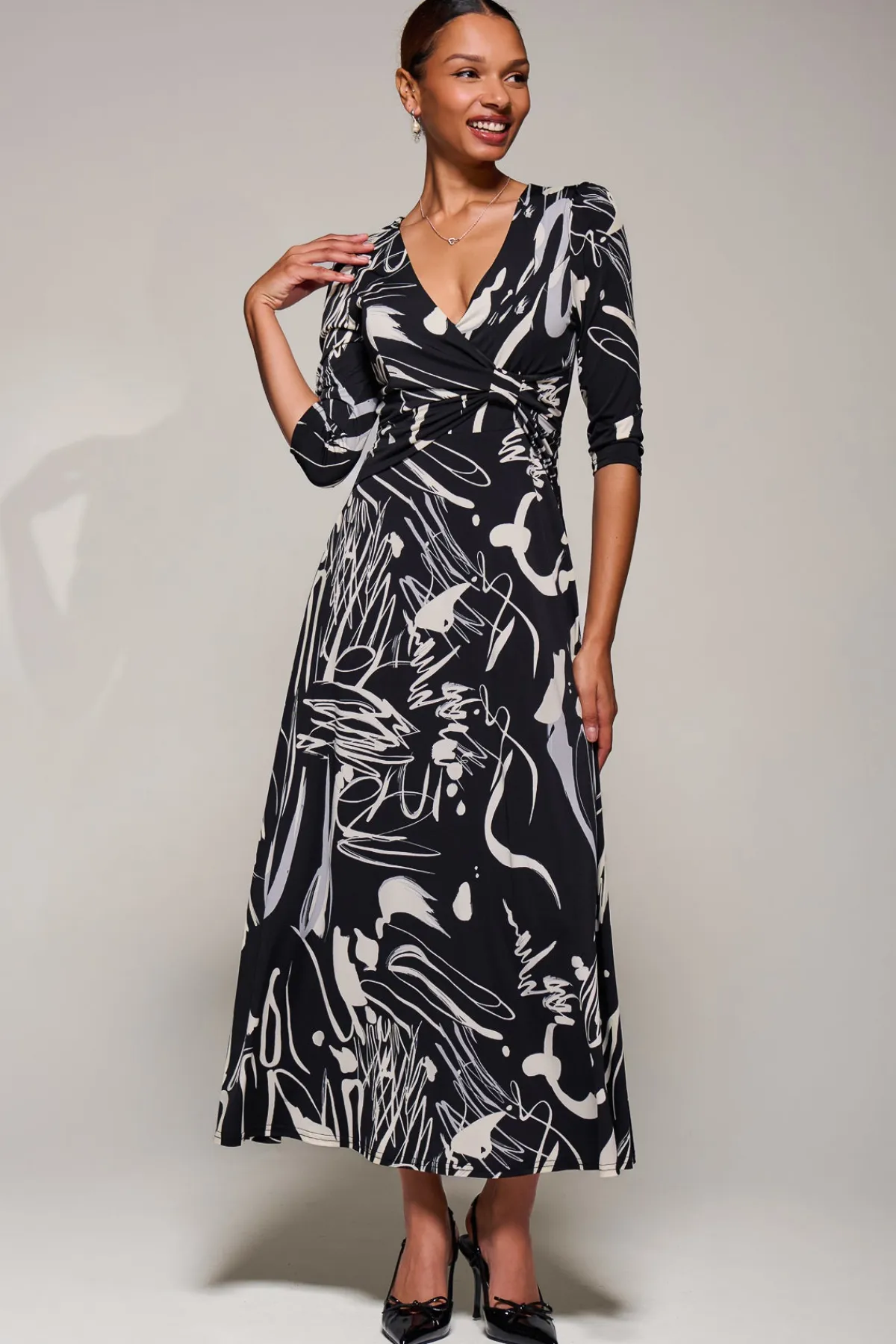 Jolie Moi Occasion Dresses|Jersey Dresses-Jersey Ruched Waist Fit & Flare Maxi Dress, Black Abstract
