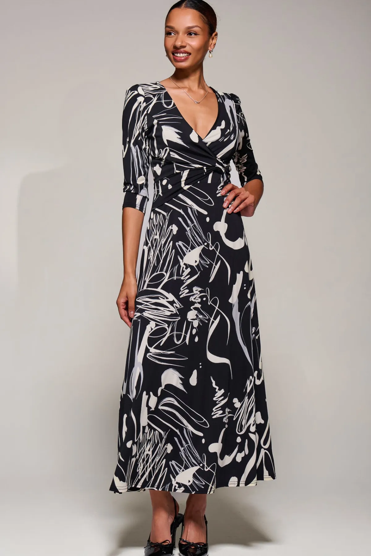 Jolie Moi Occasion Dresses|Jersey Dresses-Jersey Ruched Waist Fit & Flare Maxi Dress, Black Abstract