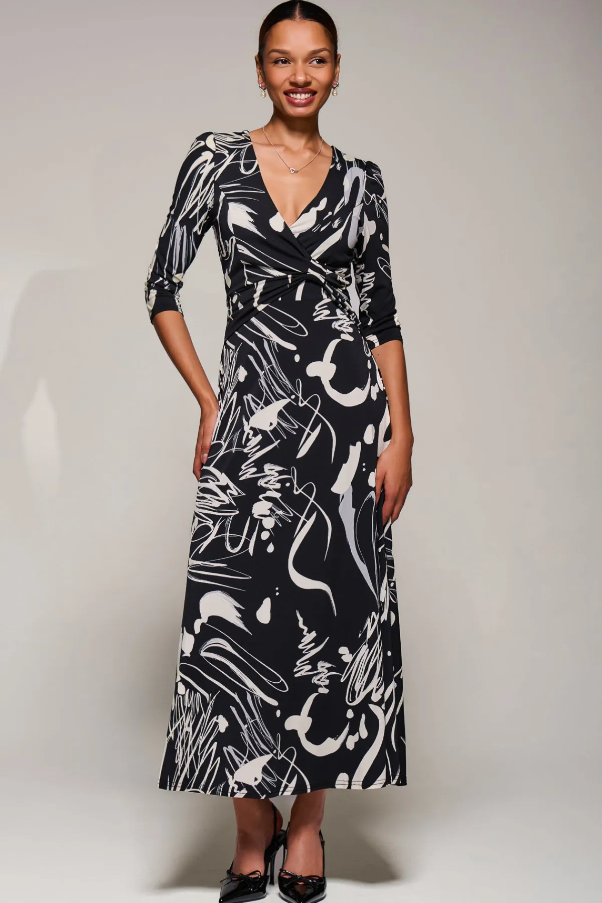 Jolie Moi Occasion Dresses|Jersey Dresses-Jersey Ruched Waist Fit & Flare Maxi Dress, Black Abstract