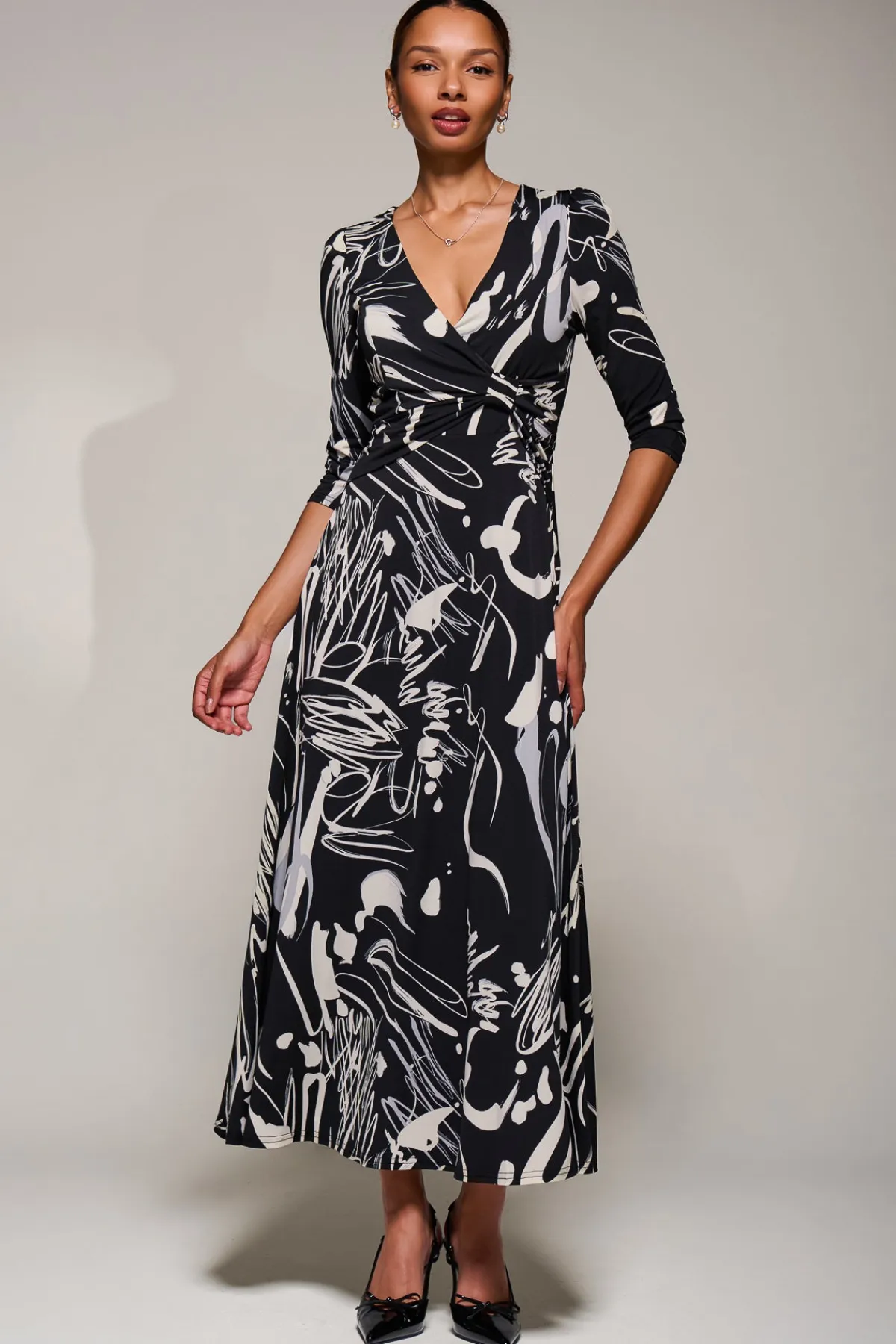 Jolie Moi Occasion Dresses|Jersey Dresses-Jersey Ruched Waist Fit & Flare Maxi Dress, Black Abstract