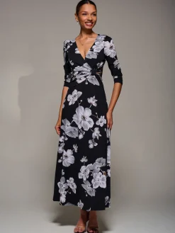 Jolie Moi Occasion Dresses|Floral Dresses-Jersey Ruched Waist Fit & Flare Maxi Dress, Black Floral