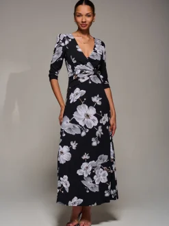 Jolie Moi Occasion Dresses|Floral Dresses-Jersey Ruched Waist Fit & Flare Maxi Dress, Black Floral