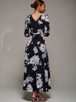 Jolie Moi Occasion Dresses|Floral Dresses-Jersey Ruched Waist Fit & Flare Maxi Dress, Black Floral