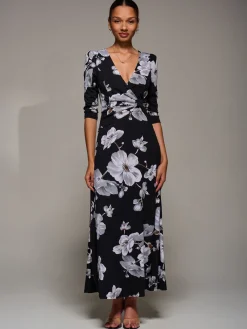 Jolie Moi Occasion Dresses|Floral Dresses-Jersey Ruched Waist Fit & Flare Maxi Dress, Black Floral