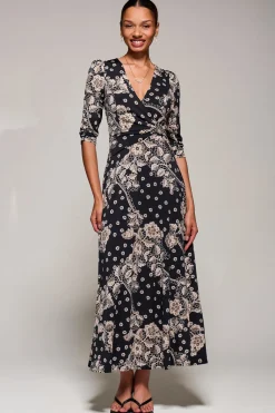 Jolie Moi Occasion Dresses|Floral Dresses-Jersey Ruched Waist Fit & Flare Maxi Dress, Black Floral