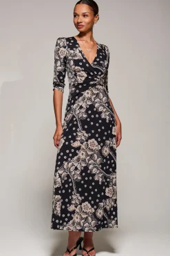 Jolie Moi Occasion Dresses|Floral Dresses-Jersey Ruched Waist Fit & Flare Maxi Dress, Black Floral