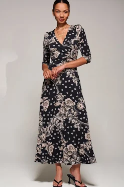 Jolie Moi Occasion Dresses|Floral Dresses-Jersey Ruched Waist Fit & Flare Maxi Dress, Black Floral