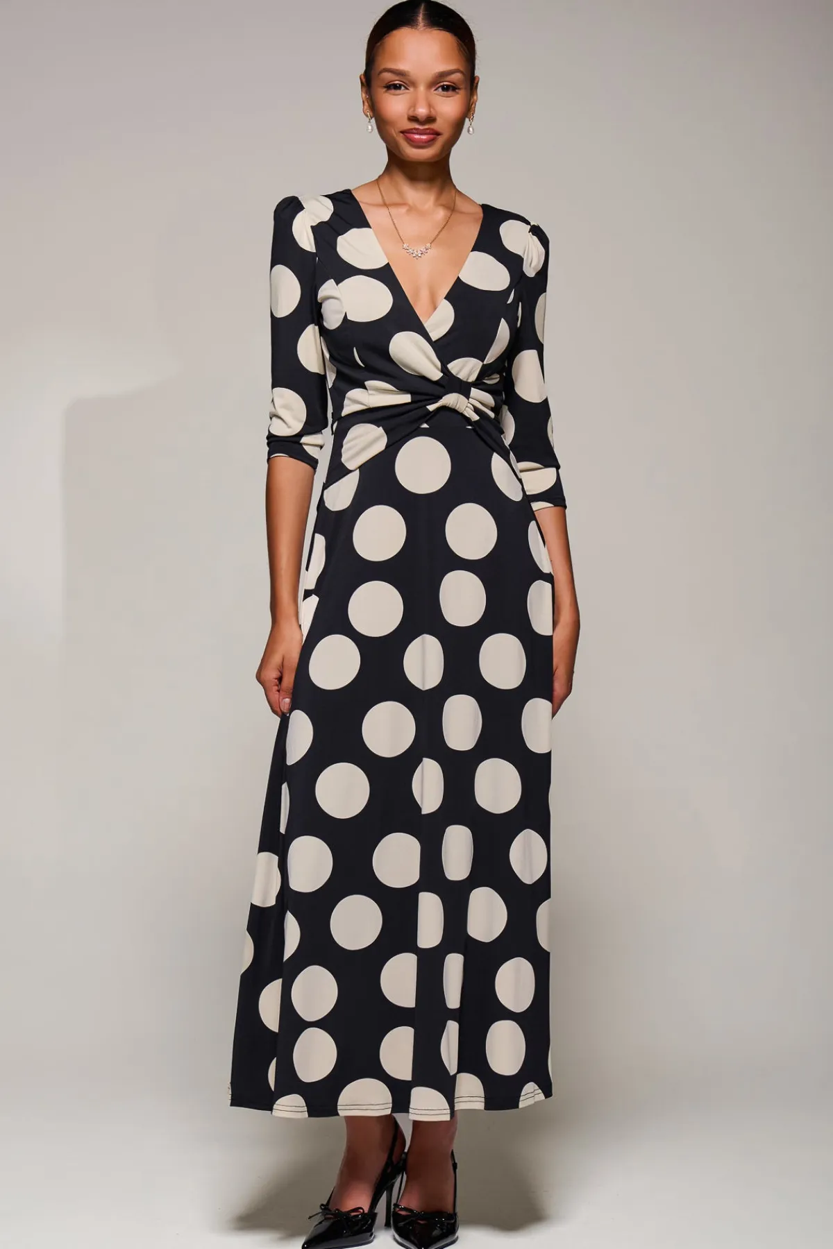 Jolie Moi Occasion Dresses|Jersey Dresses-Jersey Ruched Waist Fit & Flare Maxi Dress, Black Polka Dot