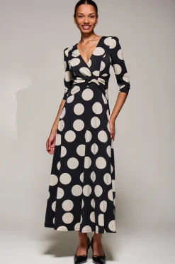 Jolie Moi Occasion Dresses|Jersey Dresses-Jersey Ruched Waist Fit & Flare Maxi Dress, Black Polka Dot