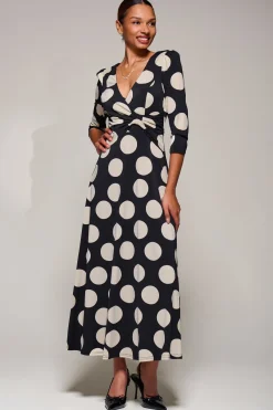 Jolie Moi Occasion Dresses|Jersey Dresses-Jersey Ruched Waist Fit & Flare Maxi Dress, Black Polka Dot