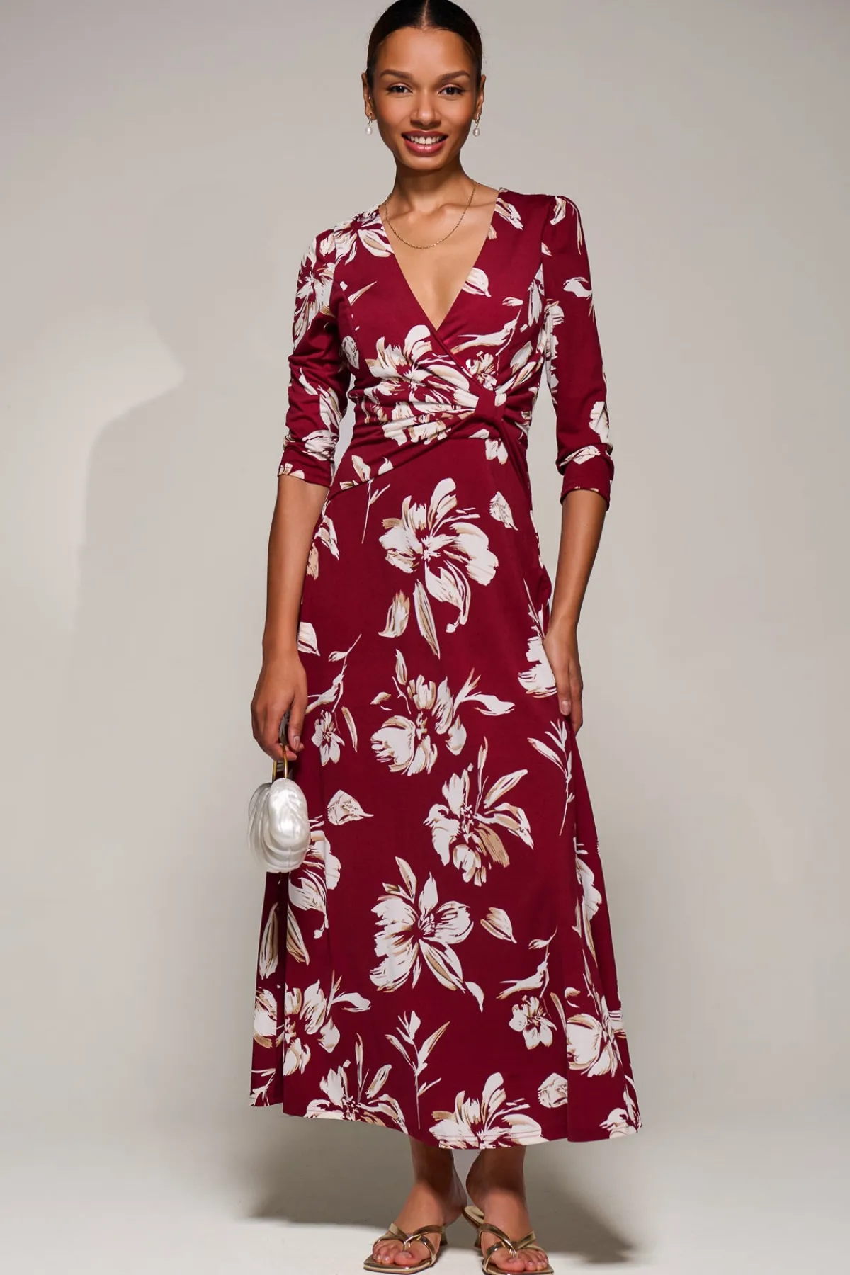 Jolie Moi Occasion Dresses|Jersey Dresses-Jersey Ruched Waist Fit & Flare Maxi Dress, Burgundy Floral