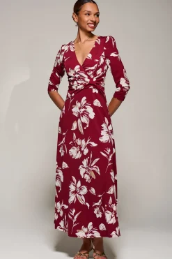 Jolie Moi Occasion Dresses|Jersey Dresses-Jersey Ruched Waist Fit & Flare Maxi Dress, Burgundy Floral