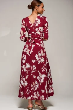 Jolie Moi Occasion Dresses|Jersey Dresses-Jersey Ruched Waist Fit & Flare Maxi Dress, Burgundy Floral