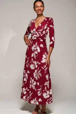 Jolie Moi Occasion Dresses|Jersey Dresses-Jersey Ruched Waist Fit & Flare Maxi Dress, Burgundy Floral