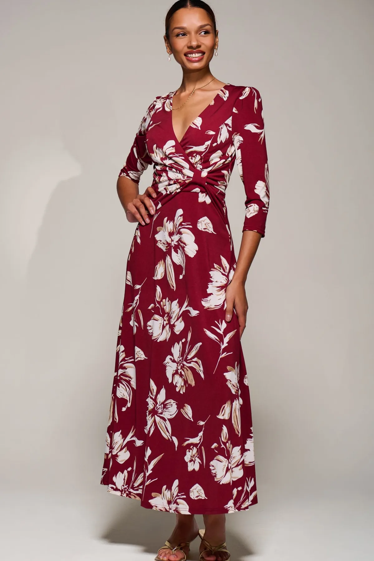 Jolie Moi Occasion Dresses|Jersey Dresses-Jersey Ruched Waist Fit & Flare Maxi Dress, Burgundy Floral