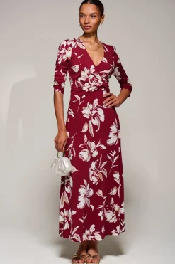 Jolie Moi Occasion Dresses|Jersey Dresses-Jersey Ruched Waist Fit & Flare Maxi Dress, Burgundy Floral