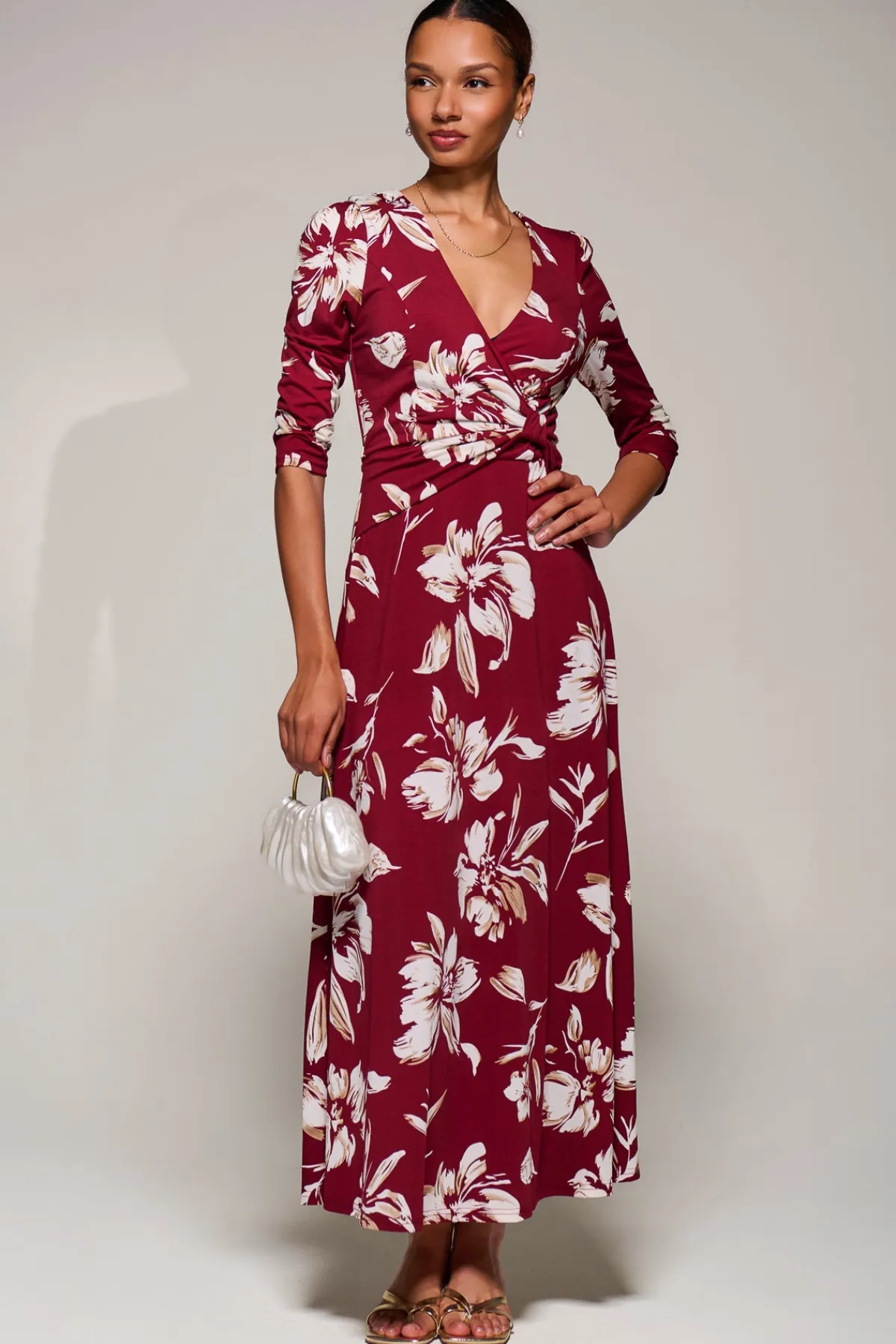 Jolie Moi Occasion Dresses|Jersey Dresses-Jersey Ruched Waist Fit & Flare Maxi Dress, Burgundy Floral