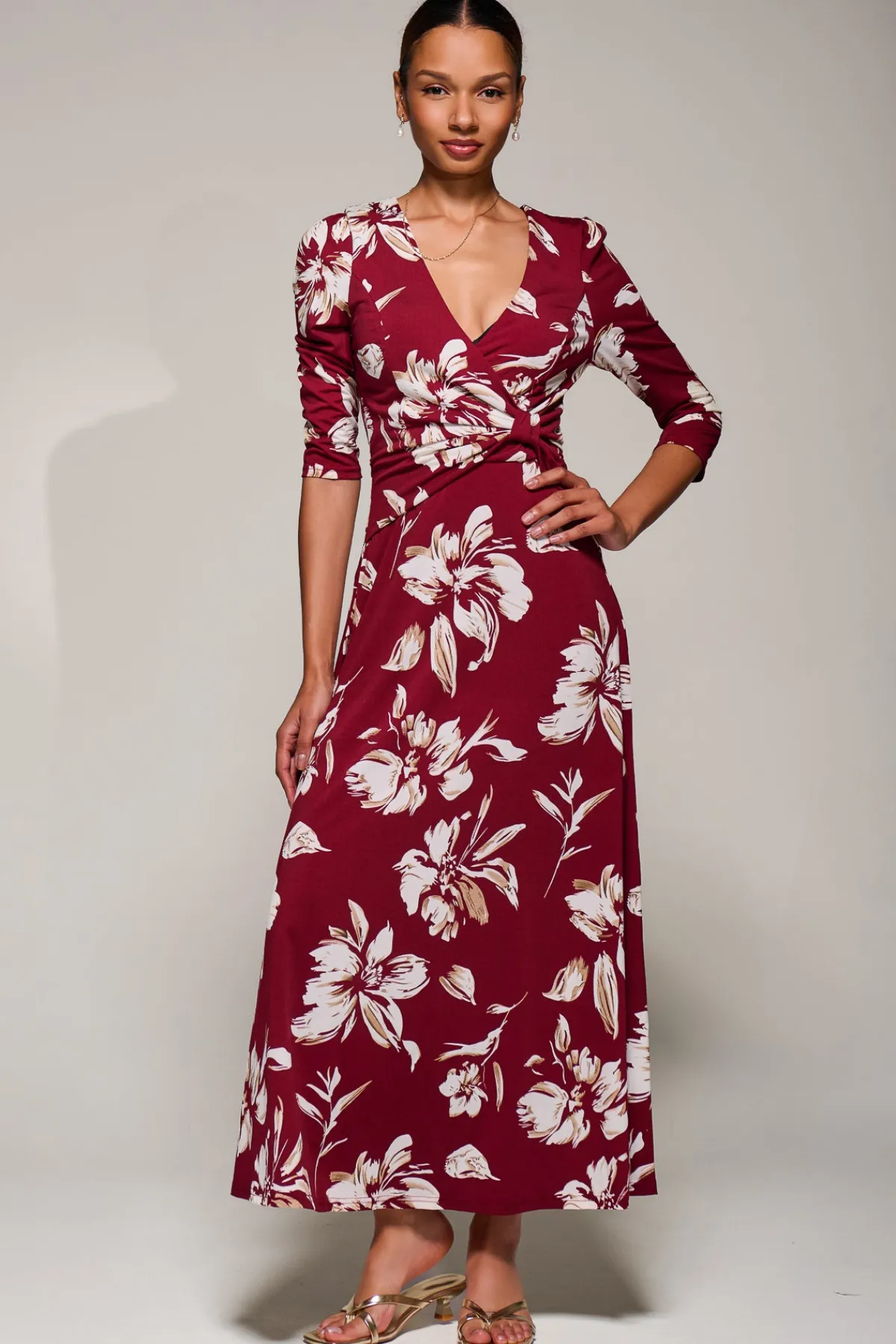 Jolie Moi Occasion Dresses|Jersey Dresses-Jersey Ruched Waist Fit & Flare Maxi Dress, Burgundy Floral
