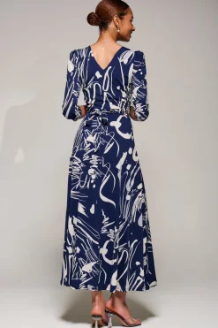 Jolie Moi Occasion Dresses|Jersey Dresses-Jersey Ruched Waist Fit & Flare Maxi Dress, Navy Abstract