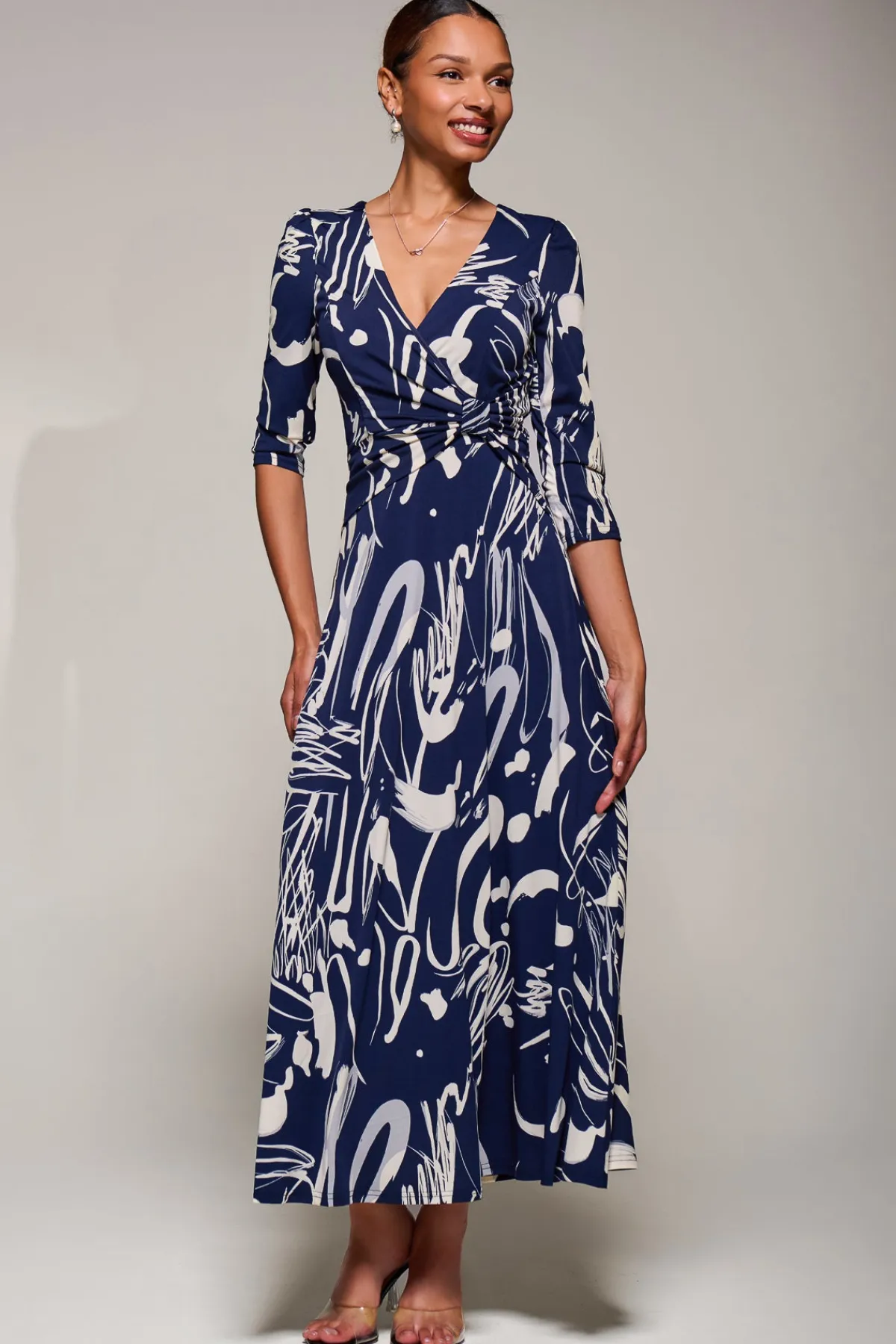 Jolie Moi Occasion Dresses|Jersey Dresses-Jersey Ruched Waist Fit & Flare Maxi Dress, Navy Abstract