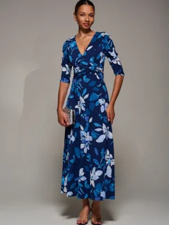 Jolie Moi Occasion Dresses|Floral Dresses-Jersey Ruched Waist Fit & Flare Maxi Dress, Navy Floral