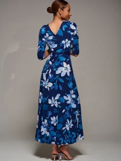Jolie Moi Occasion Dresses|Floral Dresses-Jersey Ruched Waist Fit & Flare Maxi Dress, Navy Floral