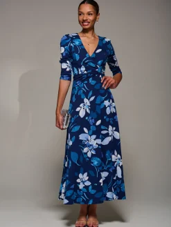 Jolie Moi Occasion Dresses|Floral Dresses-Jersey Ruched Waist Fit & Flare Maxi Dress, Navy Floral
