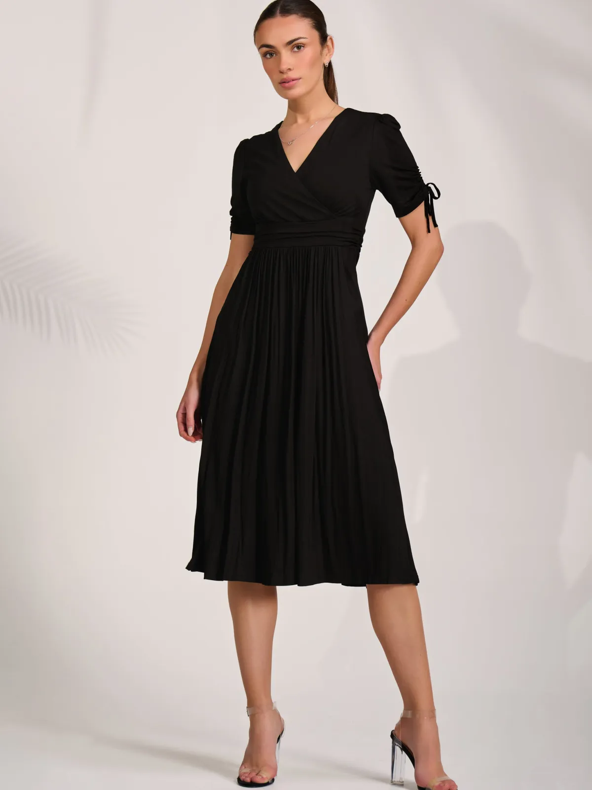 Jolie Moi Occasion Dresses|Midi Dresses-Jersey Tie Sleeve Wrap Front Midi Dress, Black