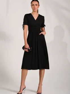 Jolie Moi Occasion Dresses|Midi Dresses-Jersey Tie Sleeve Wrap Front Midi Dress, Black