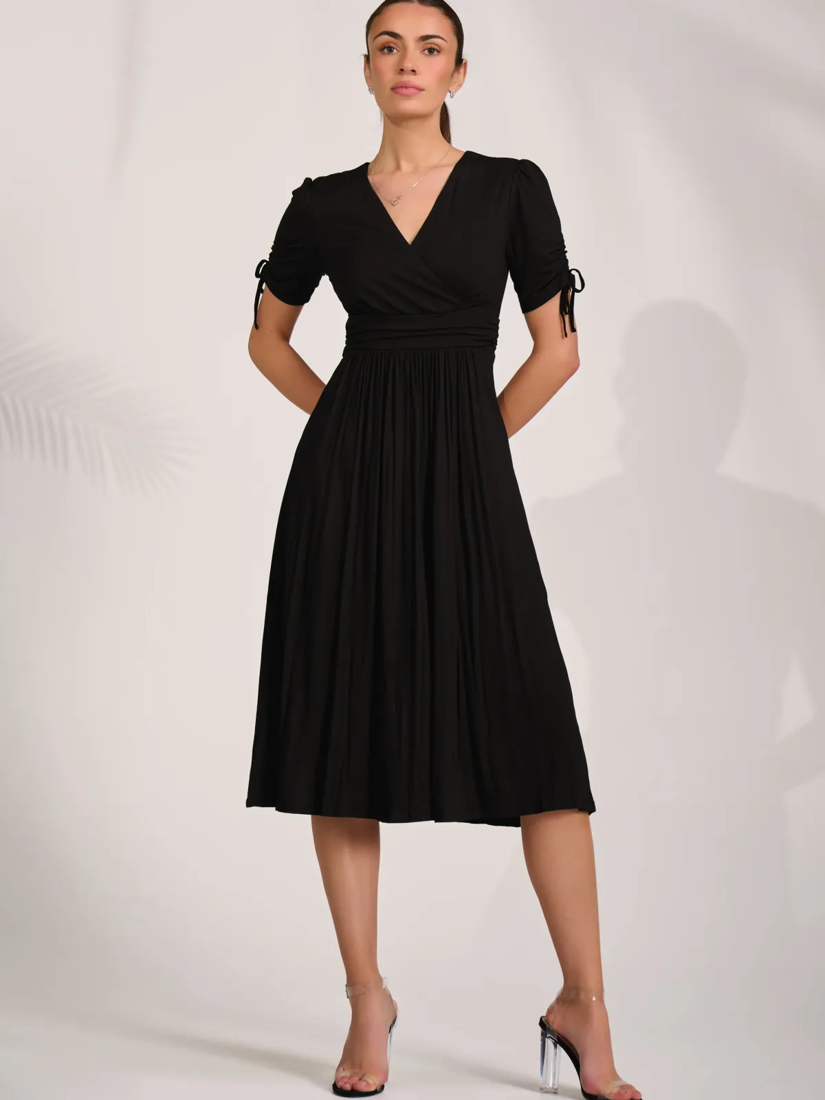 Jolie Moi Occasion Dresses|Midi Dresses-Jersey Tie Sleeve Wrap Front Midi Dress, Black