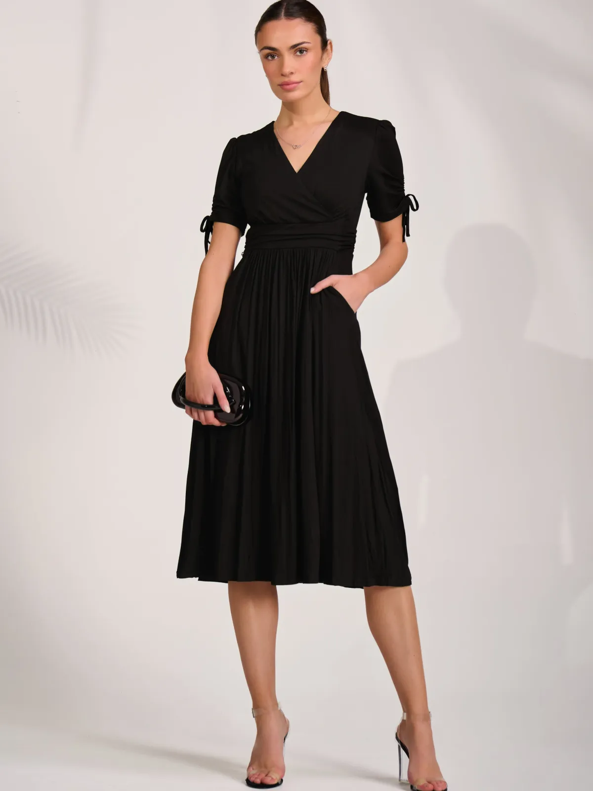 Jolie Moi Occasion Dresses|Midi Dresses-Jersey Tie Sleeve Wrap Front Midi Dress, Black