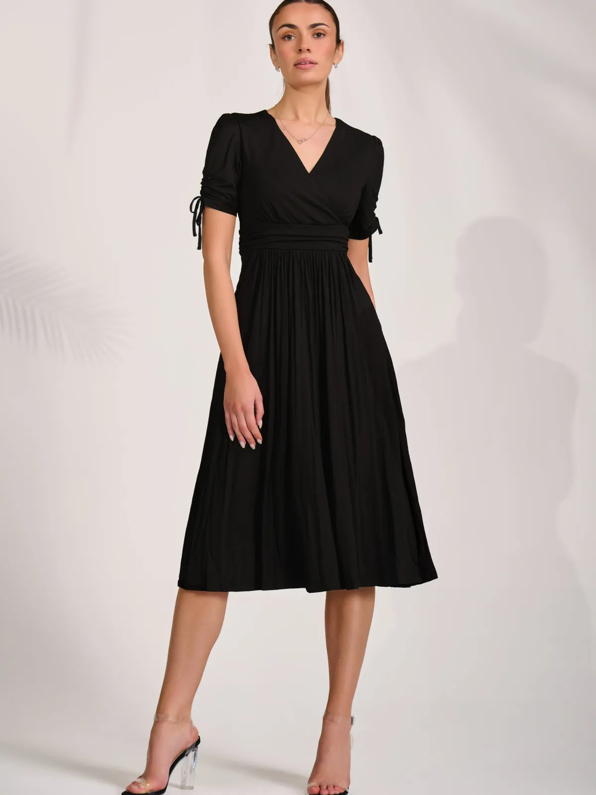 Jolie Moi Occasion Dresses|Midi Dresses-Jersey Tie Sleeve Wrap Front Midi Dress, Black